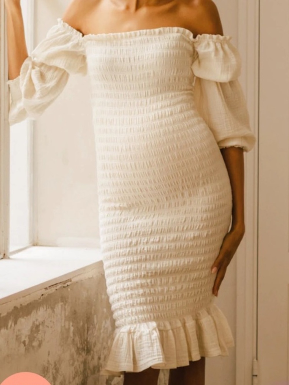 Off-Shoulder Cream Smocked Maternity Midi Dress